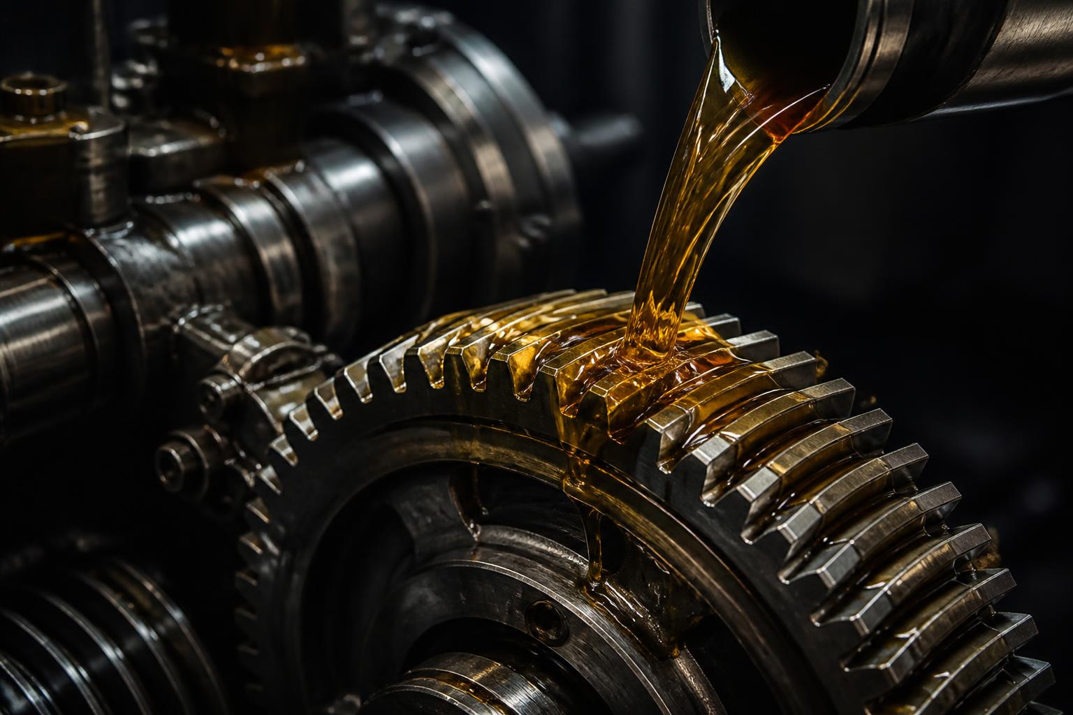 Olio lubrificante industriale versato su ingranaggi metallici